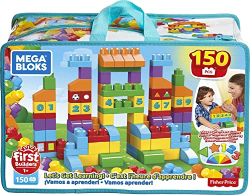 Mega Bloks FVJ49 - Bausteintasche mit 150 Bausteine in Bunt mit Zahlen und Symbole, Spielzeug ab 1 Jahr