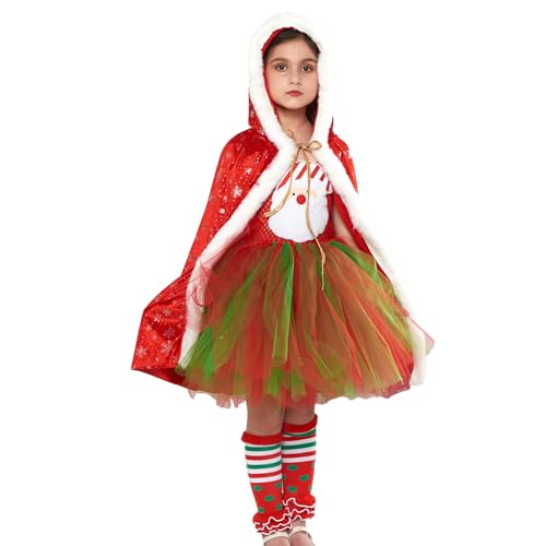 Bexdug Flauschiges Weihnachtskleid für Mädchen,Mädchen Weihnachtskleid ärmellos - Weihnachts-Cosplay-Kleid, ärmelloses rotes Bühnenkleid mit Umhang, Weihnachtsmann-Tutu-Rock für 2–12 Jahre