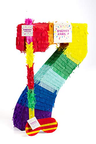 Trendario Zahl 7 Pinata Set, Pinjatta + Stab + Augenmaske, Ideal zum Befüllen mit Süßigkeiten und Geschenken - Piñata für Kindergeburtstag Spiel, Geschenkidee, Party, Hochzeit