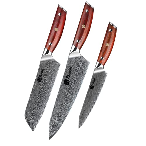 KENSAKI 3er Messerset aus Damaszener Stahl Küchenmesser Japanischer Art hergestellt aus 67 Lagen Damaststahl – Chairo Serie