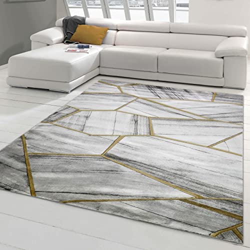 Teppich modern Wohnzimmerteppich geometrisches Muster in grau Gold Größe 160x230 cm