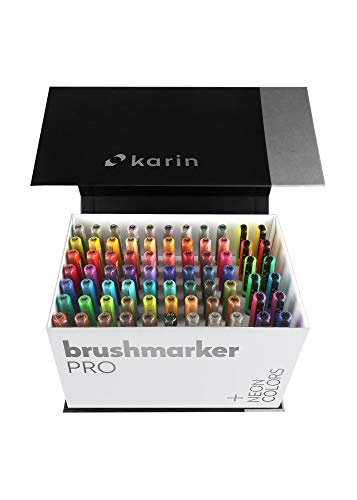 KARIN Mega Box PLUS - 72 Farben + 3 Blender, Brushmarker PRO - Brushpens auf Wasserbasis geeignet zum Malen, Zeichnen und Handlettering, mehrfarbig, NEON-Farben enthalten