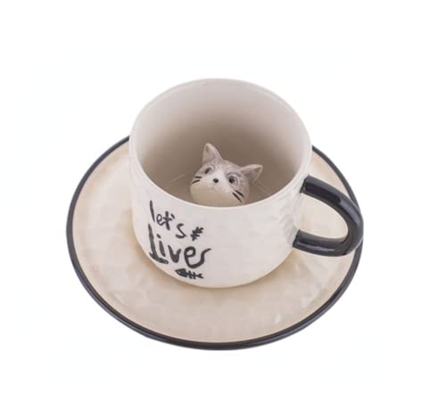 3D-Cartoon-Miniatur-Tier-Kaffeetasse? Es gibt eine Katze im Inneren, Tierliebhaber, Teetassen für Frauen und Mädchen, niedliche Katzenmädchen-Tasse (kleine graue Katze)