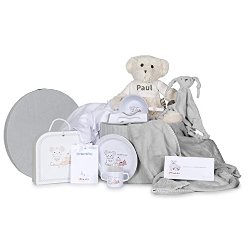BebeDeParis Originelle Geschenke für Babys | Kindergeschirr mit personalisierter Decke, Musselin und Doudou | 6-12 Monate (Grau)