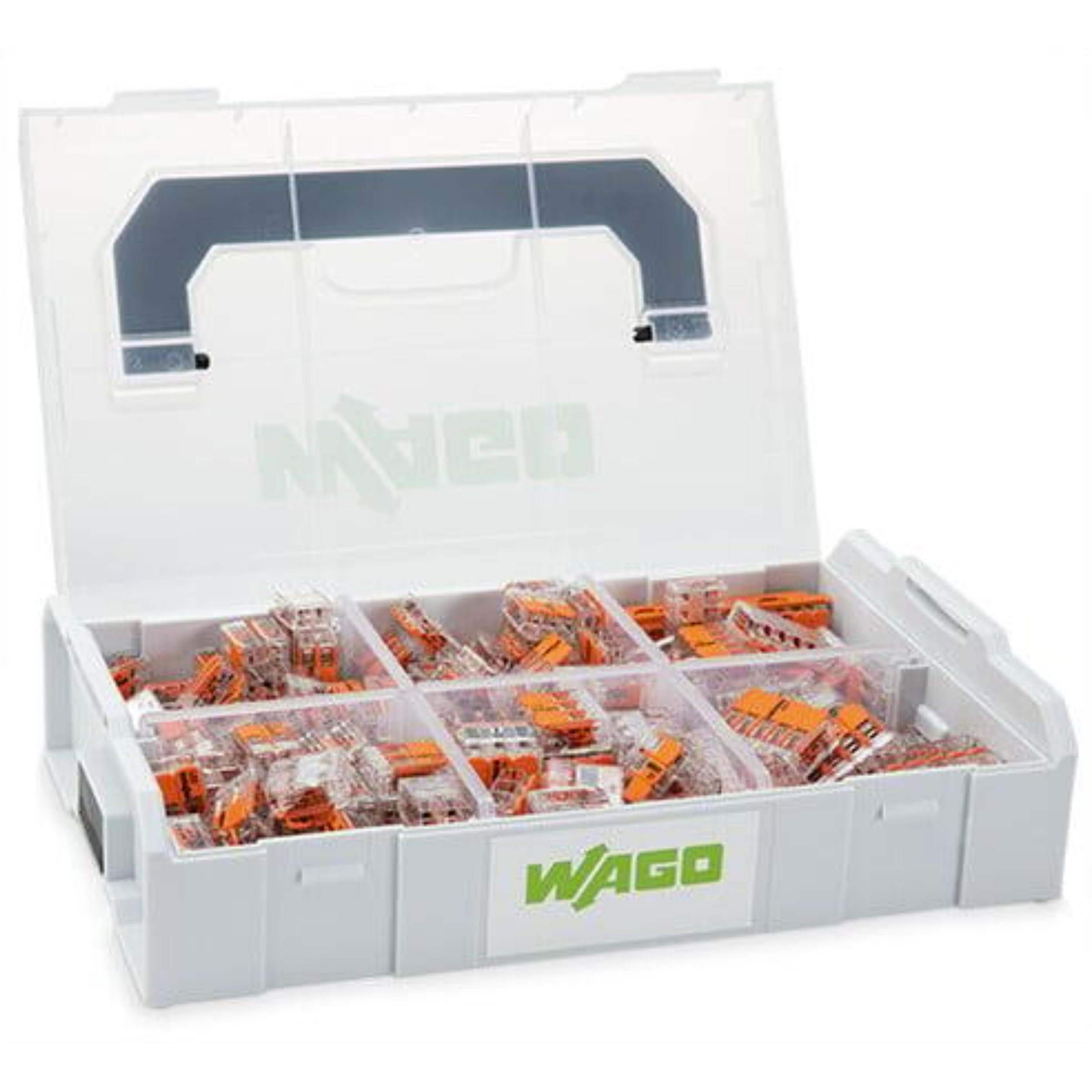 WAGO Verbindungsklemmen-Set 887-957 | 186-teilig, mit verschiedenen Verbindungsklemmen mit Hebeln und Befestigungsadapter der Serie 221 für alle Leiterarten, in praktischer L-BOXX Mini