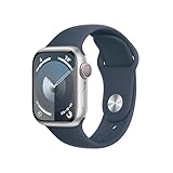 Apple Watch Series 9 (GPS + Cellular, 41 mm) Smartwatch mit Aluminiumgehäuse in Silber und Sportarmband M/L in Sturmblau. Fitnesstracker, Blutsauerstoff und EKG Apps, Always-On Retina Display