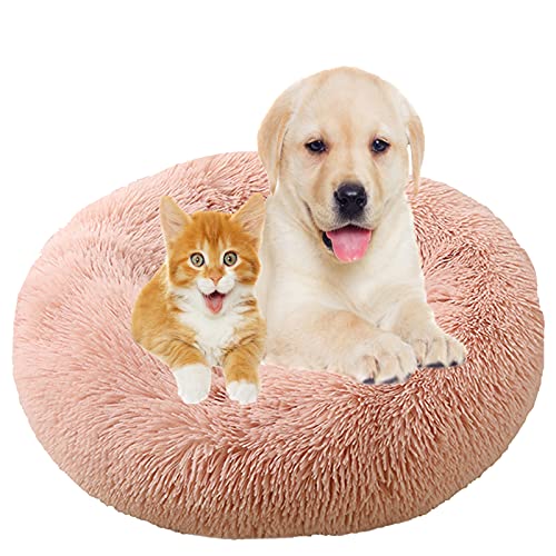 Hundebett, Rund Plüsch Haustierbett Flauschig Waschbares Katzenbett mit Reißverschluss Warme Donut Hundekissen für Haustiere-Leather Pink|| Ø 90cm/36in