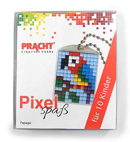 Pixel P90058-07501 Spaß Bastelset Papagei für 10 Kinder, mit 10 Medaillons zum Pixeln, einfaches Stecksystem ohne Bügeln und Kleben, ideal für Kindergeburtstag, Bastelnachmittag, Schulen und Kitas