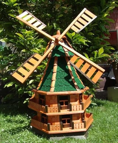 ÖLBAUM MEGA MASSIVHOLZ - Windmühle, mit WETTERFESTEM BITUMENDACH, Windmühle für Garten, Gartenwindmühlen, WMBB140160gr-OS grün grau-grün aus Holz hell ohne o. mit Solarbeleuchtung