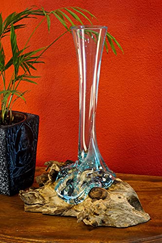 BJYX Geschmolzenes Glas auf Wurzelholz Vase Glasschale Blumenvase Teak Holz