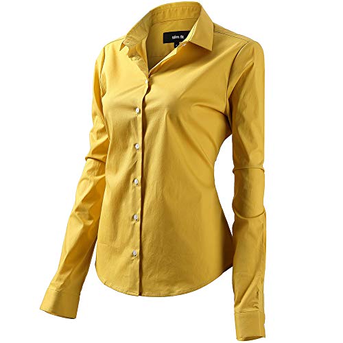 FLY HAWK Bluse Hemdbluse Damen Hemd Basic Kent-Kragen Elegant OL Work Slim Fit Langarm Stretch Formelle Hemden,Gelb, Größe 46, Hersteller - 18