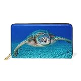 Blaues Wasser Meeresschildkröten Tier Damen Brieftasche Reißverschluss Geldbörse Echtes Leder Geldbeutel Telefon Kreditkartenetui Portemonnaie für Frauen Mädchen