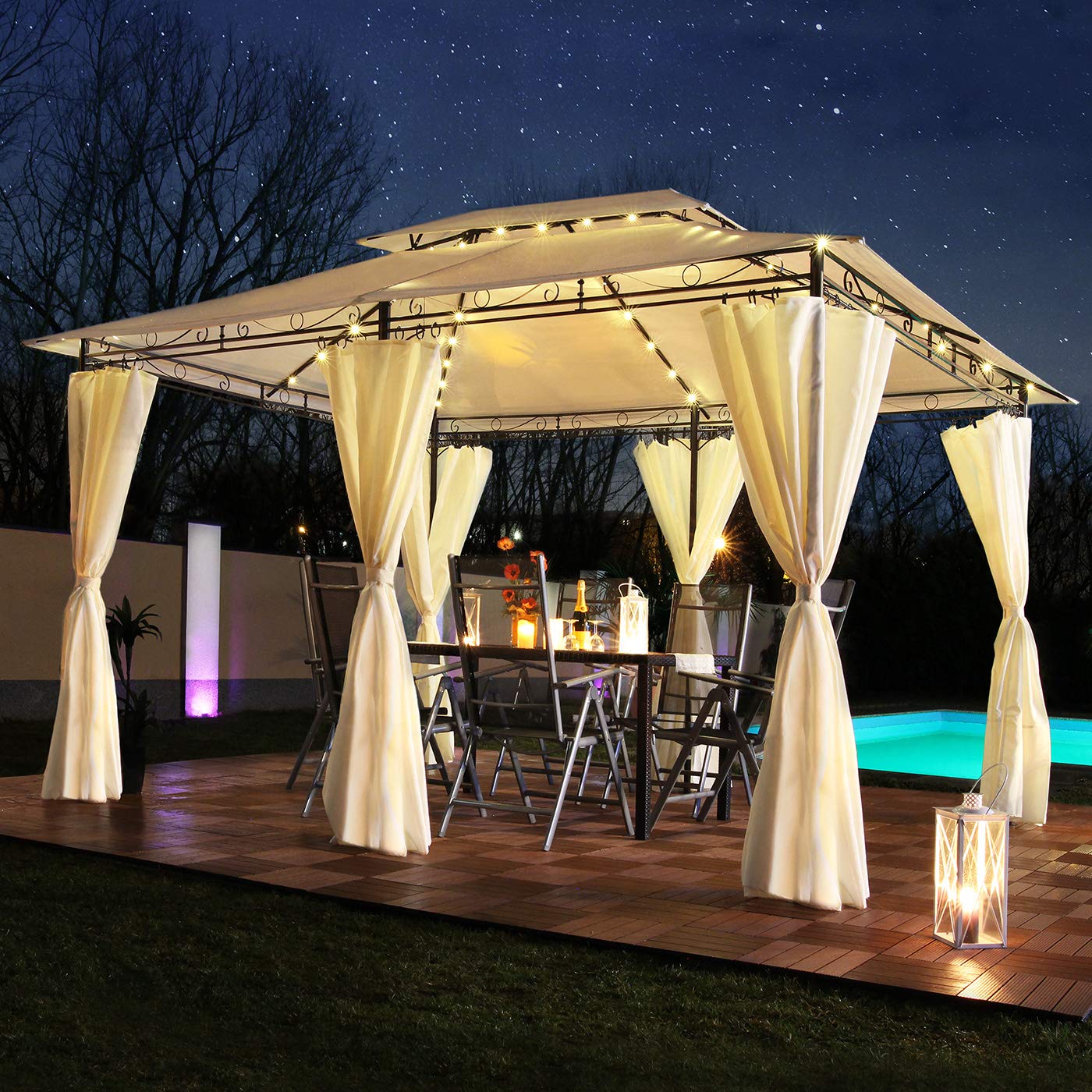 Swing & Harmonie Luxus Pavillon mit LED Beleuchtung - Hochwertiges Gartenzelt - Robustes Partyzelt - Wasserabweisender Gartenpavillon - (ohne Moskitonetz, Creme)