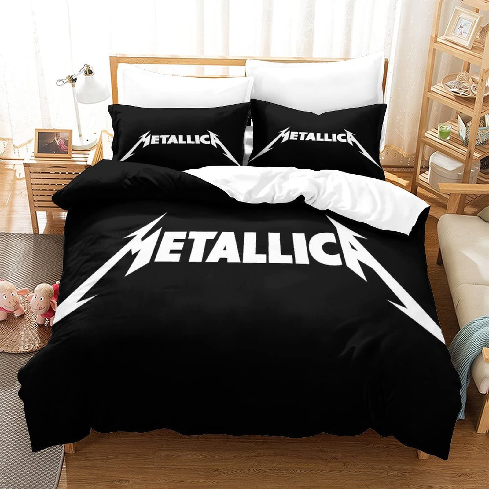 Metallica Bettbezug Set 3D Gedruckt Rock 'n' Roll Set Mit Kopfkissenbezug Für Teenager Weich Heavy-Metal-Band Steppdeckenbezug Bettwäsche König（220x240cm）