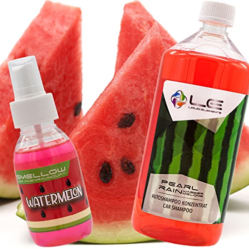 Wassermelone Set: Liquid Elements Pearl Rain Autoshampoo Konzentrat Wassermelone 1000ml, Smellow Innenraumduft Wassermelone 100ml & Kingsize Logo-Aufkleber