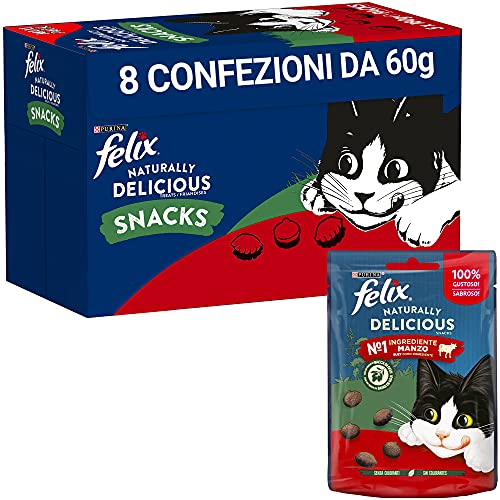 Purina Felix Naturally Delicious Snack Katze, reich an Rindfleisch mit einem Hauch von Goji-Beere, 8 Beutel à 50 g