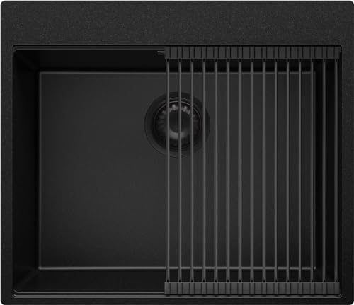 Spülbecken Alles Schwarz 59x50 cm, Granitspüle + Ablauf-Set Schwarz, Küchenspüle für 60er Unterschrank, Einbauspüle von Primagran