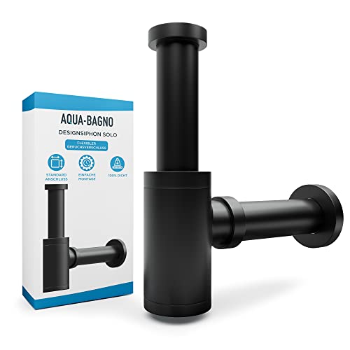 Aqua Bagno - Flexibler Siphon für Waschbecken - Abflussgarnitur für Waschtisch - Geruchsverschluss mit Reinigungsöffnung Designsiphon schwarz matt
