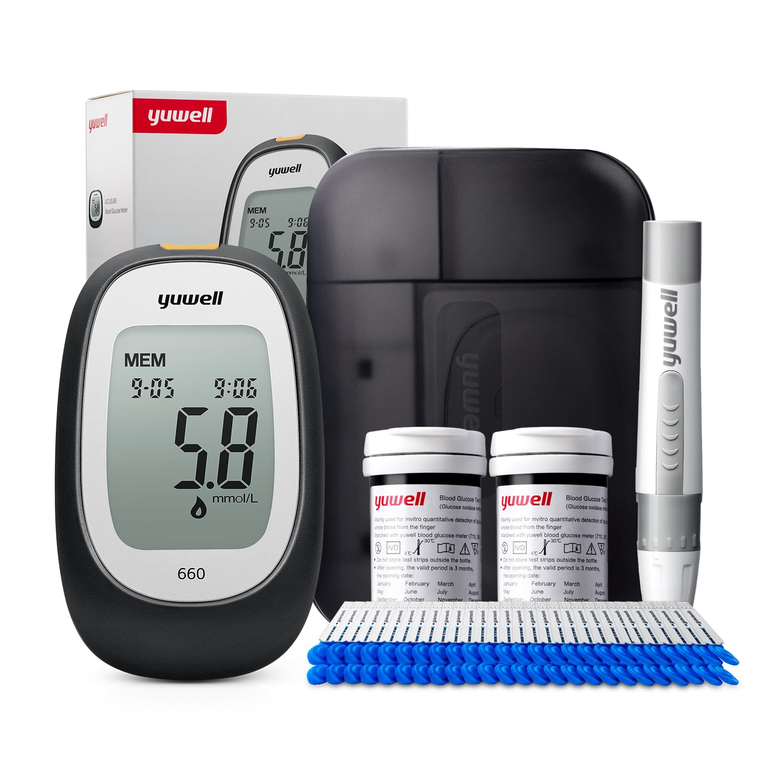 yuwell Blutzuckermessgerät Set mit Teststreifen x 50 und Lanzetten x 50, Zuckermessgerät zur Selbstkontrolle des Blutzuckers bei Diabetes, Ideal für den Heimgebrauch (Modell 660 und Einheit mg/dL)