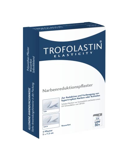 TROFOLASTIN Narbenreduktionspflaster - Narbenpflaster zur Behandlung von OP-Narben und mehr - Wasserfest, LSF 50+ - 1 x 5 Pflaster, Maße: 5 x 7,5 cm