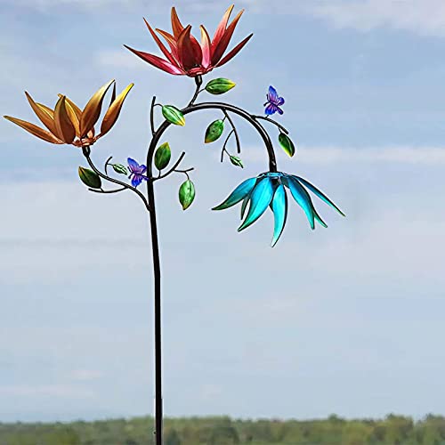 fasloyu Großes Blumen Windspiel aus Metall mit drei sich drehenden Blumen und Schmetterlingen Windrad, Windmühle für Hof und Garten, Outdoor Dekoration - 180x30cm (D)