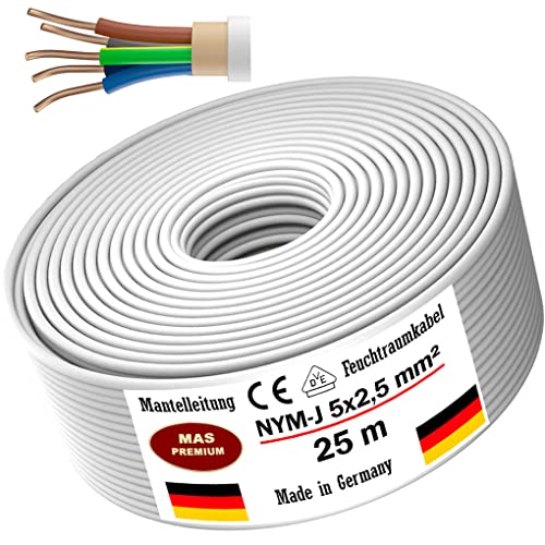 Feuchtraumkabel Stromkabel 5, 10, 15, 20, 25, 30, 35, 40, 50, 75, 80, oder 100m Mantelleitung NYM-J 5x2,5 mm² Elektrokabel Ring für feste Verlegung (25m)