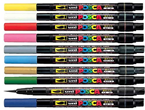 Uni Posca PCF-350 Farbstift, 0,1–10 mm, Pinselspitze, schreibt auf jeder Oberfläche, Glas, Metall, Holz, Kunststoff, Stoff (1 von jeder Farbe – 10 Stifte)