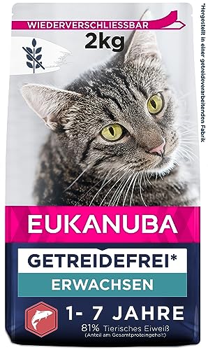 Eukanuba Katzenfutter trocken getreidefrei - Premium Trockenfutter mit viel Lachs für ausgewachsene Katzen, 2kg