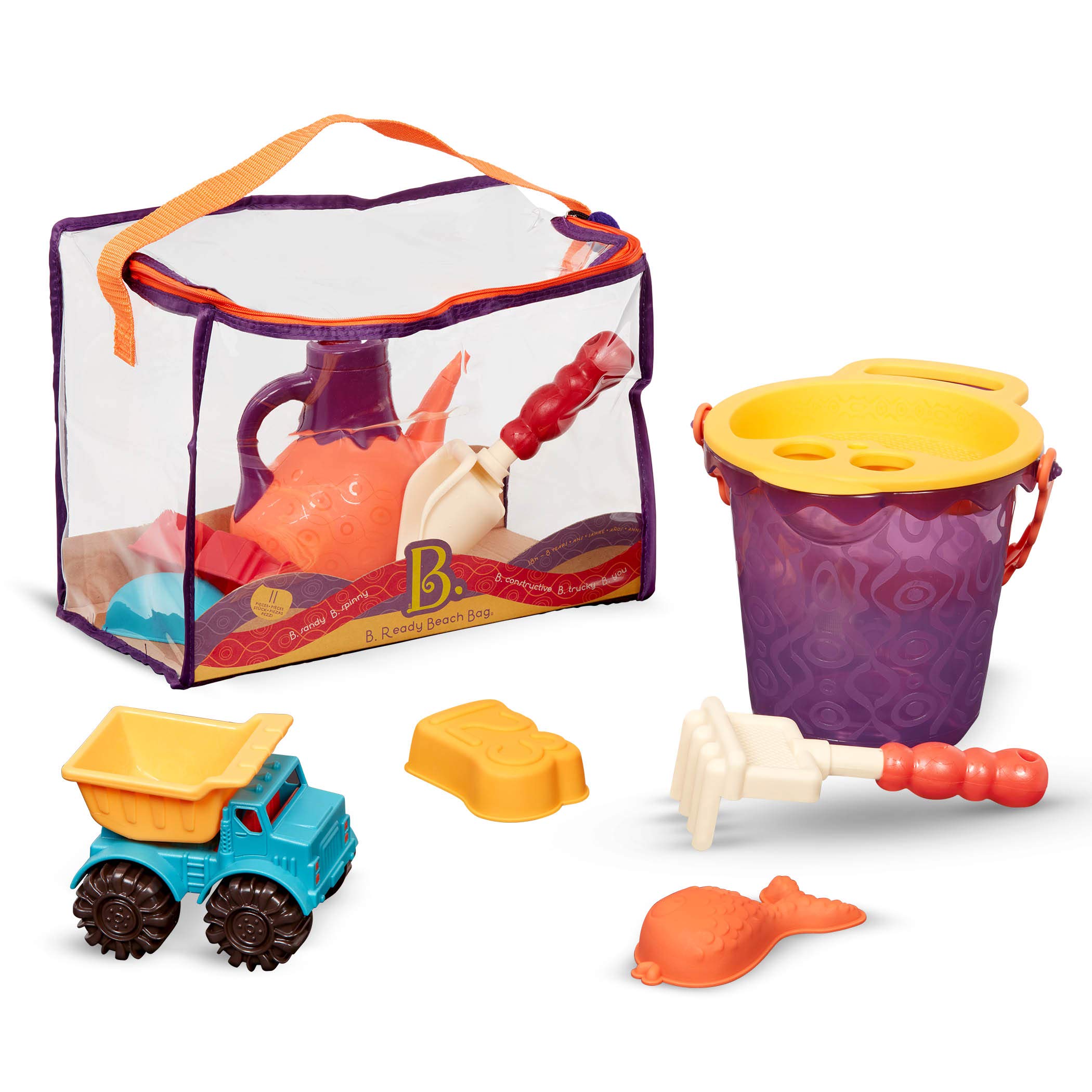 B. toys Sandspielzeug 11 Teile mit Tasche –Sandkasten Spielzeug, Strand, Spielplatz mit Eimer, Schaufel, Sandförmchen, Kipper – Spielzeug ab 18 Monaten