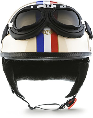 Moto Helmets® D22-Set „France“ · Brain-Cap · Halbschale Jet-Helm Motorrad-Helm Roller-Helm Scooter-Helm Bobber Mofa-Helm Chopper Retro Cruiser Vintage Pilot Biker Helmet Brille Visier · M (57-58cm)