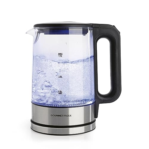 GOURMETmaxx Glas-Wasserkocher mit blauer LED-Beleuchtung | Zeitloses, hochwertiges Edelstahl-Design, praktische Wasserstandsanzeige, Antikalkfilter | 1,7 Liter Fassungsvermögen