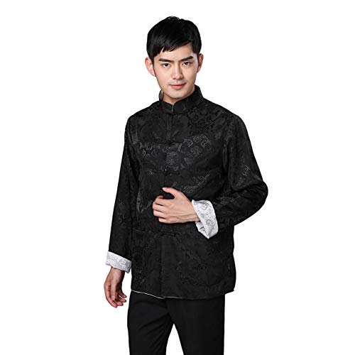 Haodasi Herren Tang Anzug - Chinesisch Traditionell Stehkragen Tai Chi Hemd Kung Fu Uniform Jacke (Schwarz & Silber,Herren Größe 60)