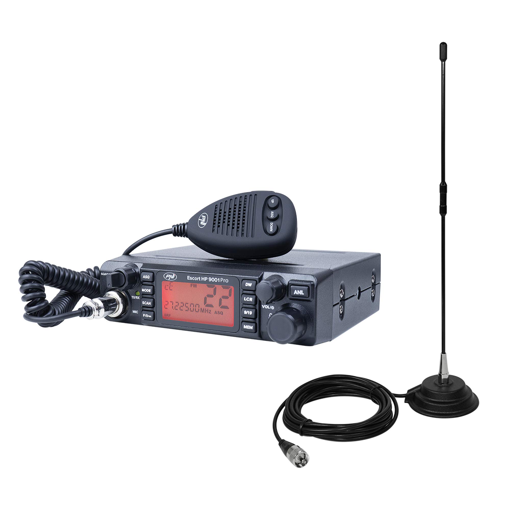 PNI CB Radio Escort HP 9001 PRO ASQ einstellbar, AM-FM, 12 V / 24 V, 4 W + CB-Antenne Extra 40 mit Magnet, 30 W, 26-30 MHz, SWR 1,0, Glasfaser