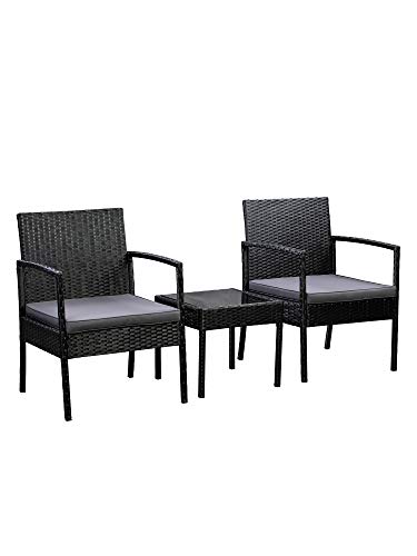 AmazonBasics Outdoor Patio Garden Faux Wicker Rattan Chair Conversation Set with Cushion - 3-Piece Set, Black