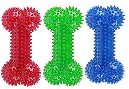 Shiny-Go Quietschendes Kauknochenspielzeug für Hunde, TPR-Hüpfball, Zahnreinigung, Länge 16,0 cm, Für mittelgroße bis mittelgroße Hunde, Zufällige Farbe - 3er-Pack