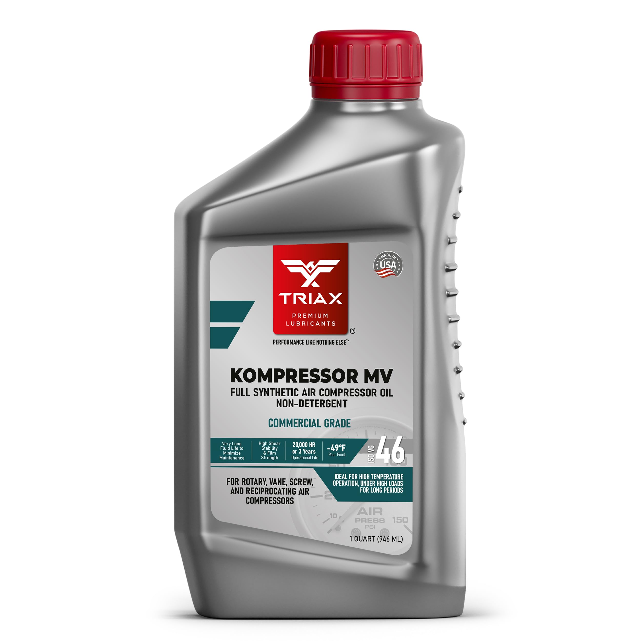 TRIAX Kompressor MV ISO 46 Voll Synthetischer Druckluft Öl für Schraubenkompressoren, Kolbenkompressoren, Leise Kompressoren und Vakuumpumpen: Hohe Temperatur, 20.000 Stunden Lebensdauer (0.946 l)
