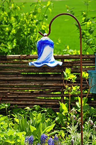 17 cm Gross Gartenkugel Tulpe Tropfen, Blume mit Hakenhalter Schäferstab Winterfest & ROBUST Glas-Dekoration Blüte Gartentulpe Glocke Rosenkugel in Tulpenform und dunkelblau-weiß farblichem Design,