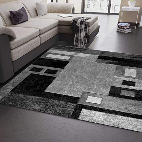 VIMODA Designer Teppich Wohnzimmer Grau Kariert mit Farbverlauf und Konturenschnitt, Maße:200 x 290 cm