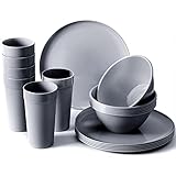 Youngever 18er Set Geschirr aus Kunststoff, Platten (25CM), Schalen (1000ML), Becher (600ML), Dienst für 6 (Dunkelgrau)