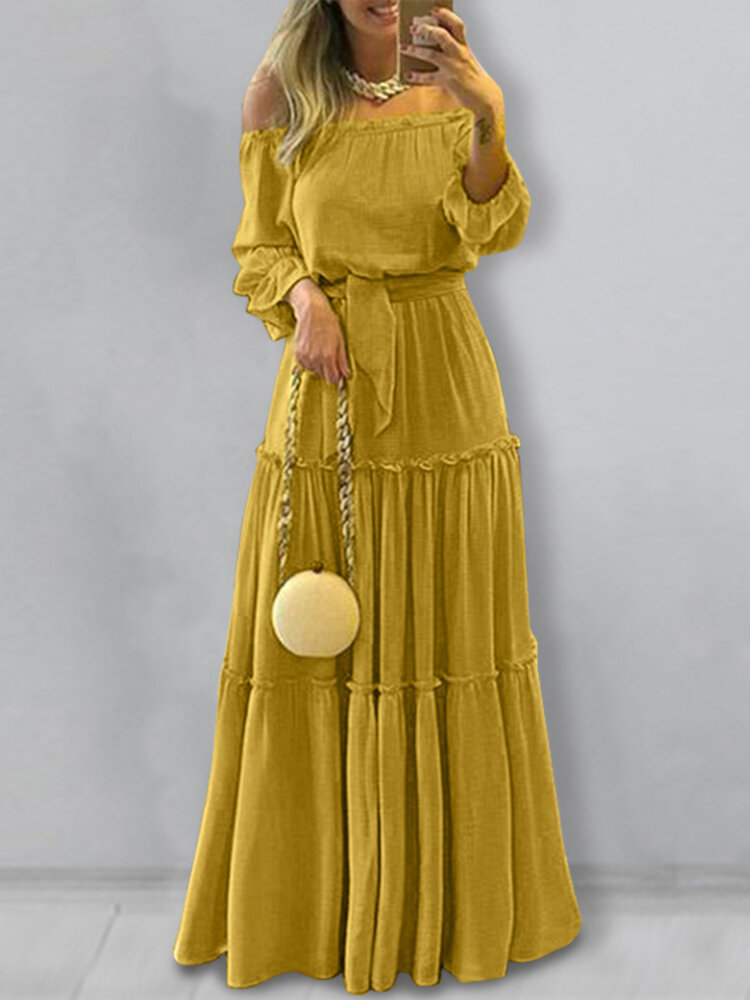 Frauen schulterfrei Puffärmel Plissee Patchwork Elegant einfarbig Maxi Kleid