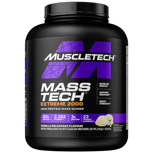 MuscleTech Extreme 2000 Mass-Gainer Proteinpulver, Muscle-Builder Molkenproteinpulver, Protein + Kreatin + Kohlenhydrate, Max-Protein Gewichtszunahme für Frauen und Männer, Vanille-Milchshake, 6lbs