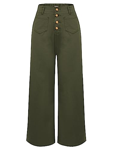 Belle Poque Damen Jeans Baggy High Waist Weite Hose Casual Bootcut Jeans mit Knopfleiste Freizeit Armeegrün M