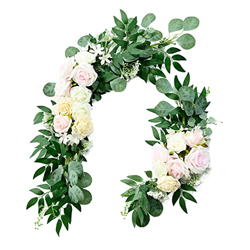 HLTER Hochzeits-Bogen-Blumen-Set, 2 Stück, künstliche rosafarbene Rosen mit grünen Blättern, große Kunstseide, Blumengirlande, Blumenarrangement, Swag Decor