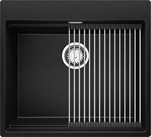 Spülbecken Schwarz Metallic 58x53 cm, Granitspüle + Ablauf-Set, Küchenspüle für 60er Unterschrank, Einbauspüle von Primagran