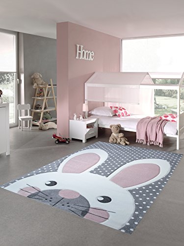 Kinderteppich Spielteppich Teppich Kinderzimmer Babyteppich Hase in Rosa Weiss Grau Größe 200 x 290 cm