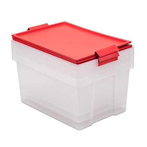 TATAY 3er-Set, Aufbewahrungsboxen, Kapazität 35L,mit Griffen, Deckel aus 100 prozent recycelten Materialien, Transparent, BPA-frei, Rot