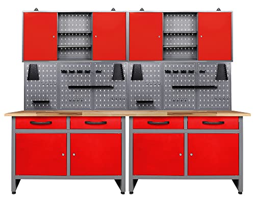 Ondis24 Werkstatteinrichtung rot 6-teilig Werkbank Werkzeugschrank Werkzeugwand/Lochwand mit Haken