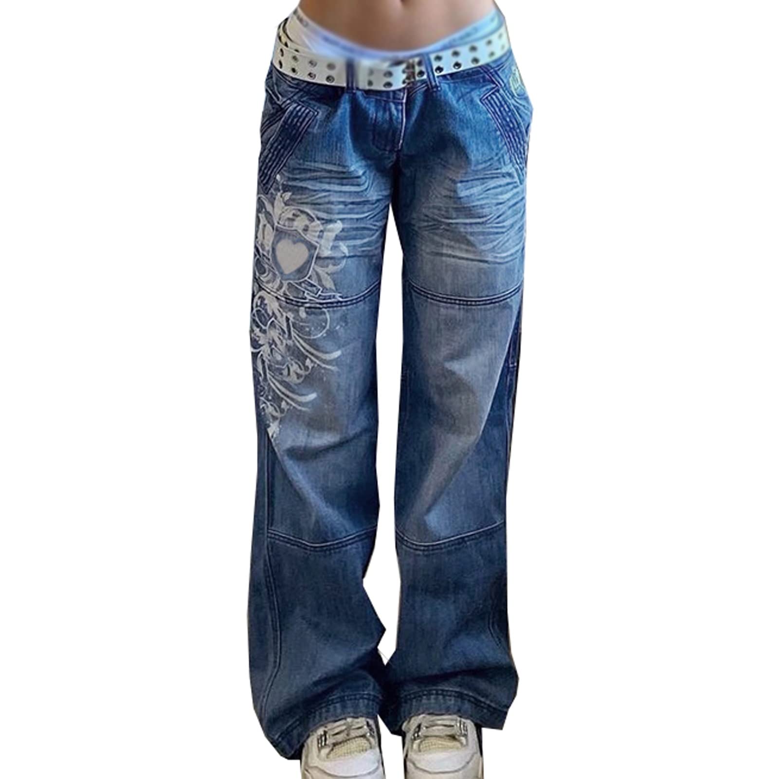 Yokbeer Damen Low Waist Wide Leg Jeans Vintage Print Baggy Hose Y2k Distressed Straight Denim Pants Slim Flare Jean e Girl Streetwear (Color : Blue, Size : L)