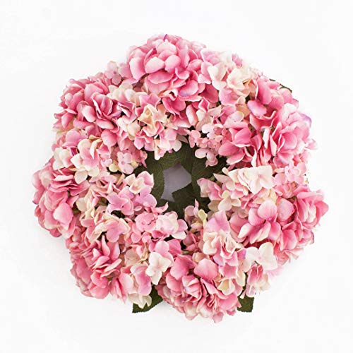 artplants.de Sommerlicher Hortensienkranz aus künstlichen Blumen auf Rattan, rosa, Ø 35cm - Deko Kranz für Tür, Tisch oder Wan