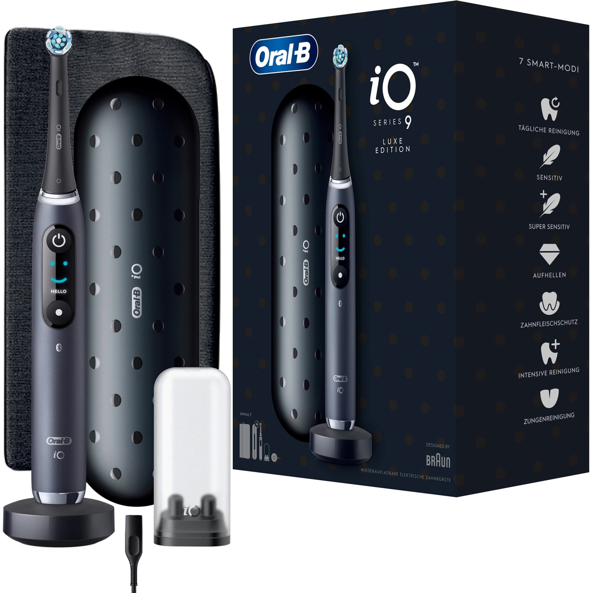Oral-B iO 9 Luxe Edition Elektrische Zahnbürste, Magnet-Technologie, 7 Putzmodi, 3D-Analyse, Farbdisplay, Lade-Reiseetui & Beauty-Tasche, black onyx